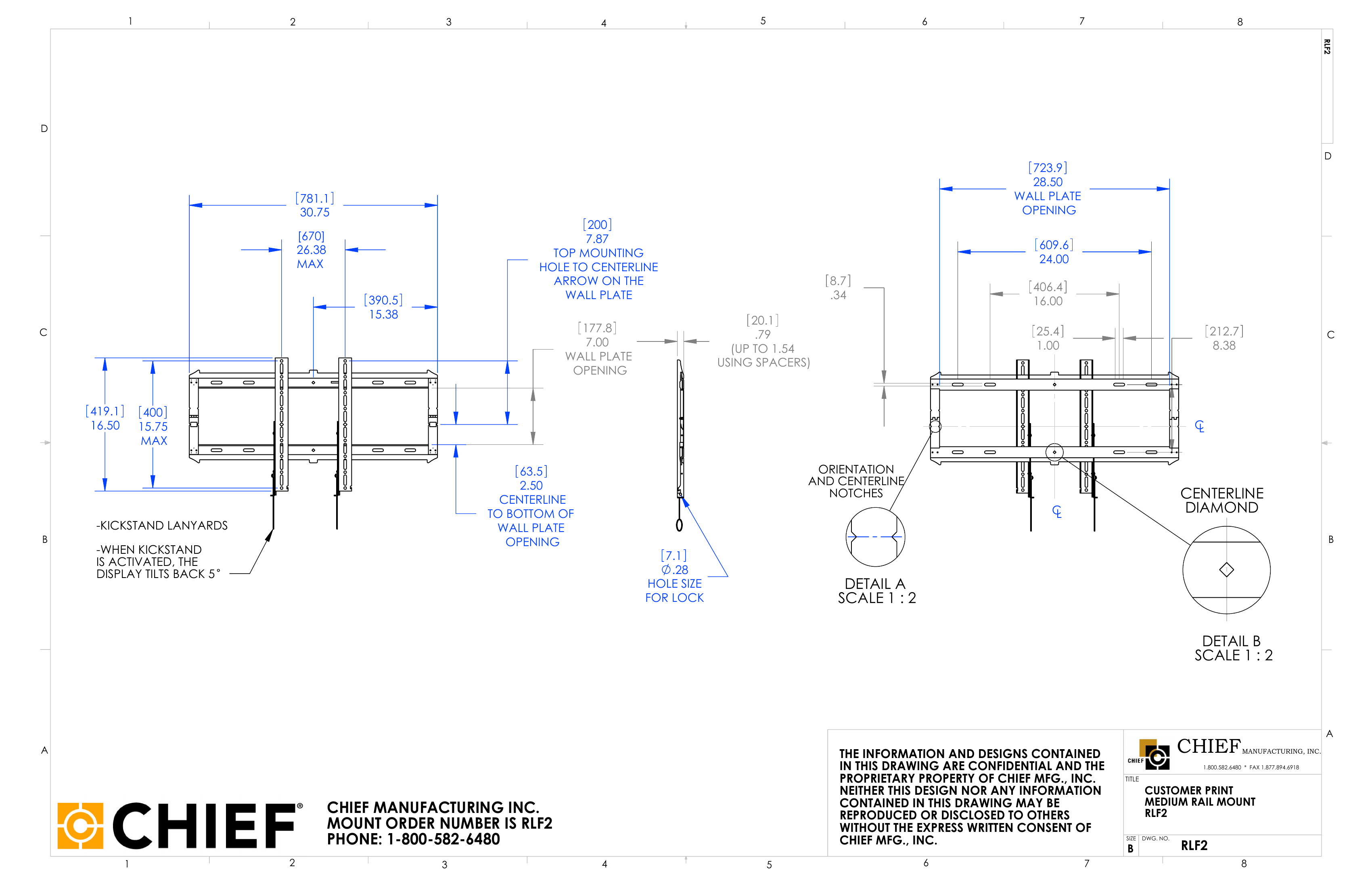 Chief RLF2 medium rail mount dimensional drawing showing wall plate opening, mounting hole spacing, and kickstand tilt detail