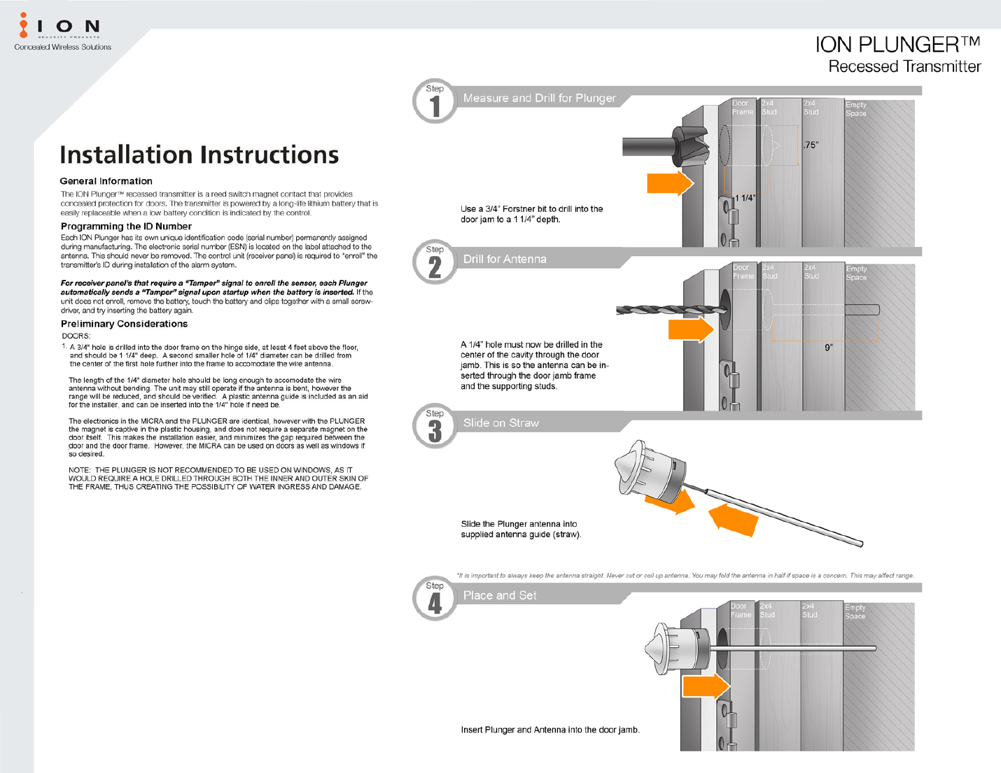 ION Plunger installation diagrams — drilling for the plunger and antenna, sliding on the antenna guide straw, and placing the unit into the door jamb