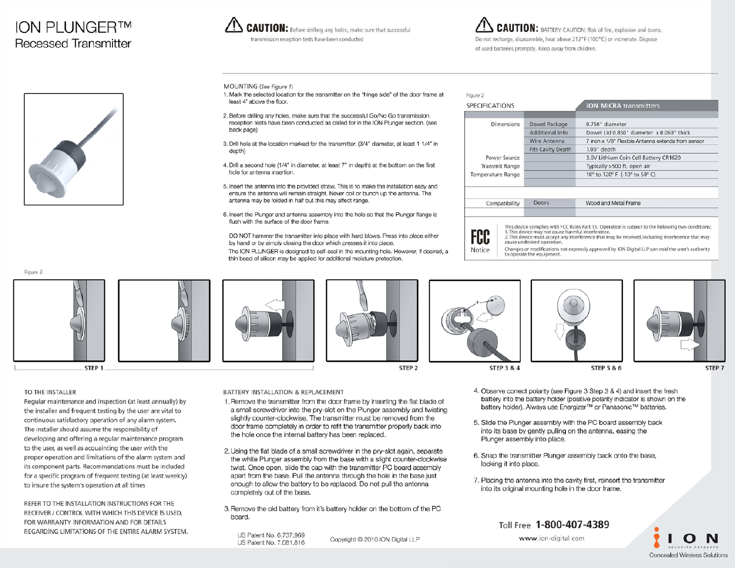 ION Plunger product photo, specifications table, and battery replacement diagrams