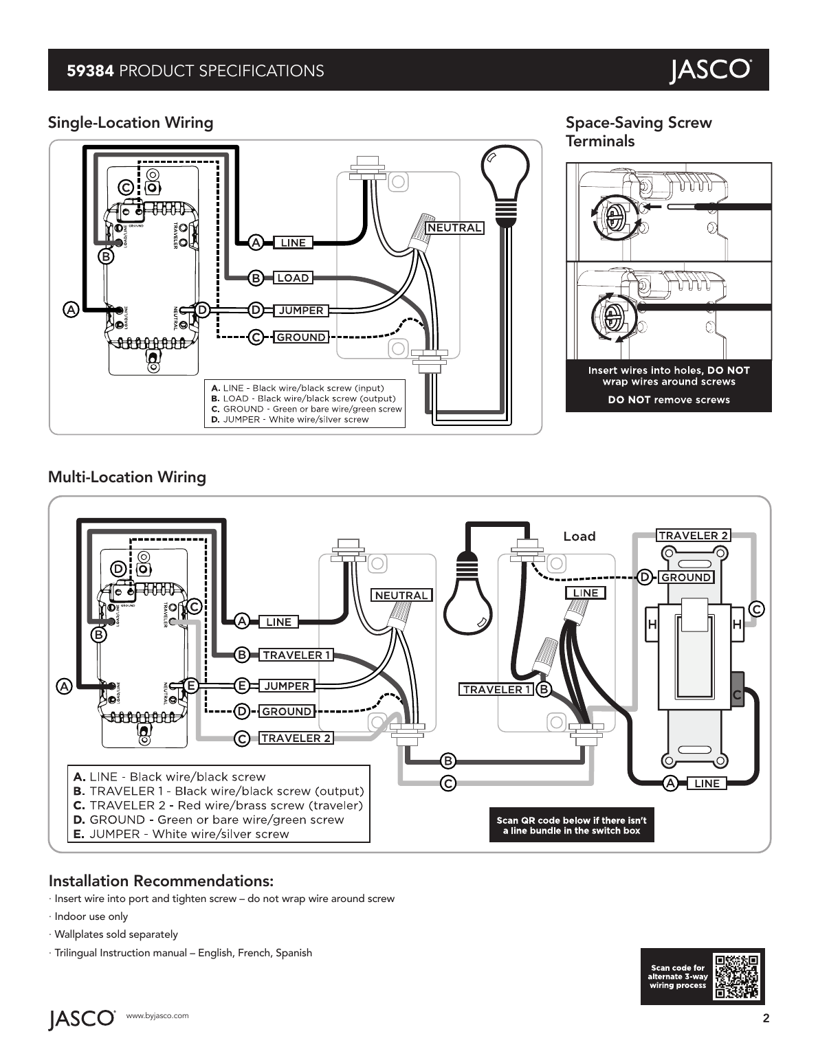 Jasco 59384 dimmer wiring diagram — single-location and multi-location (3-way) wiring, plus space-saving screw terminal detail